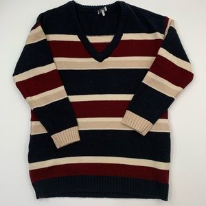 TOBI M v neck sweater stripes black maroon tan